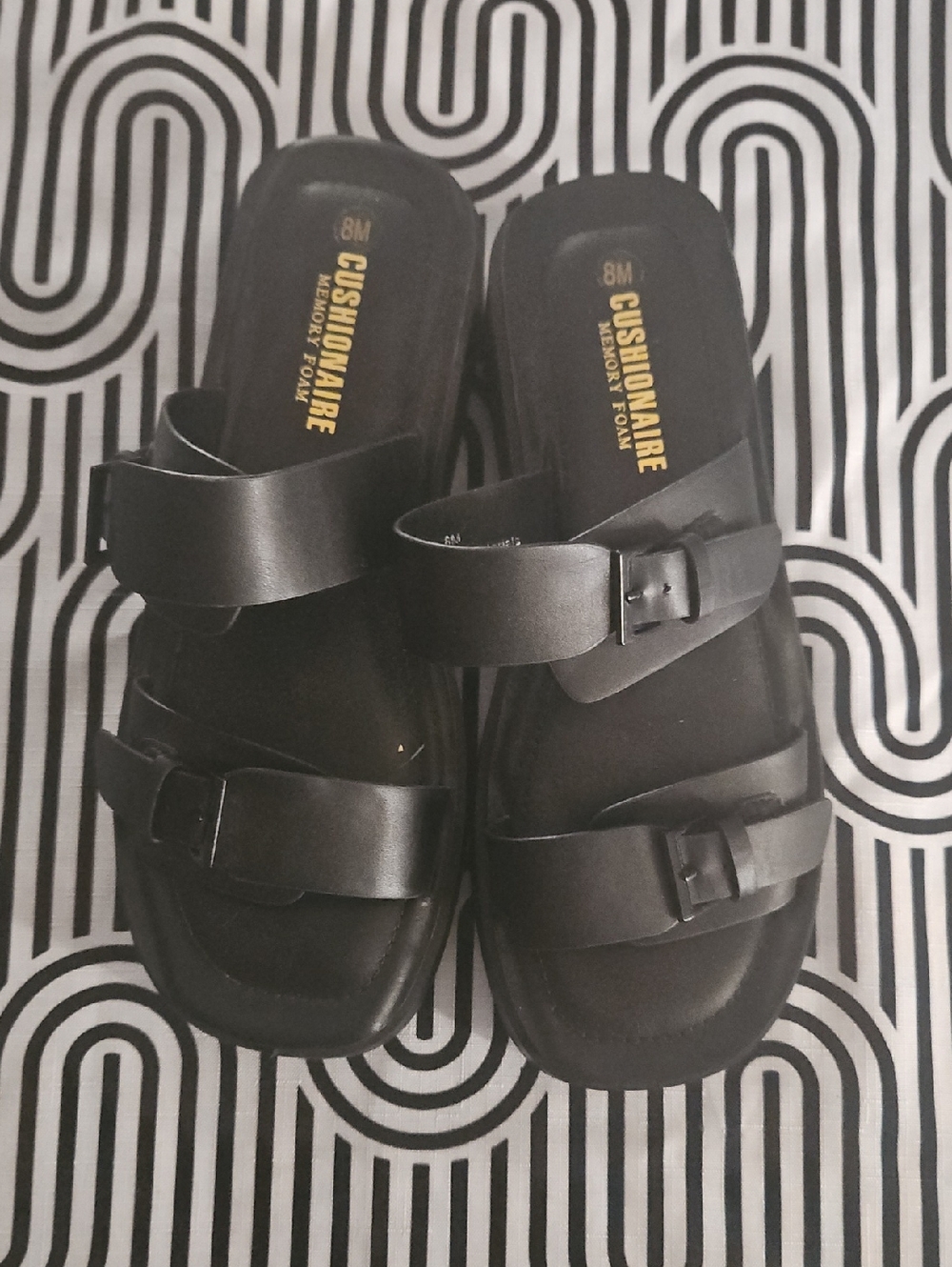 CUSHIONAIRE Black Double Strap Slide Sandals